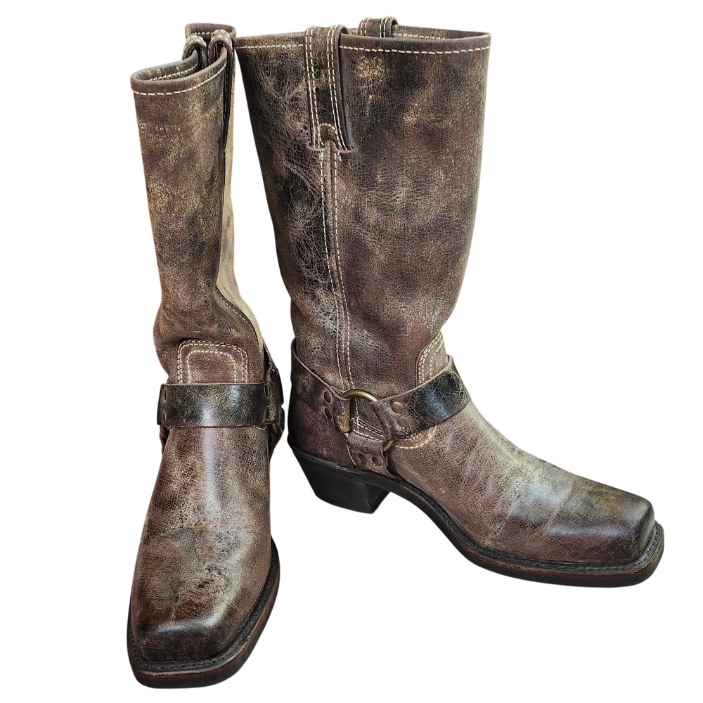 Frye Harness Distressed Brown Leather Biker Boots Womens 8 M Square Toe 12R